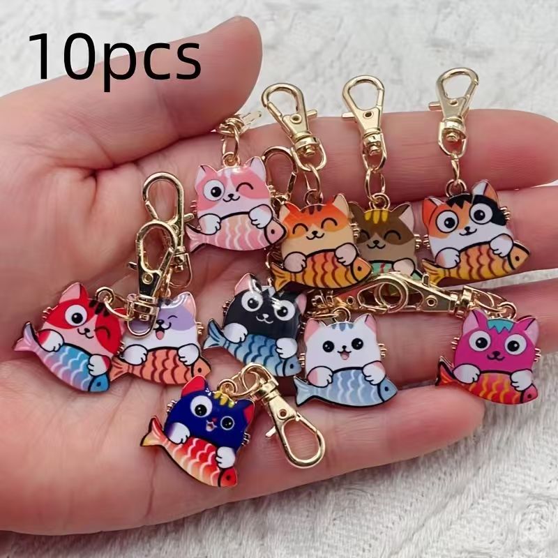 Gaming Accessories Gifts - 10 adet alaşımlı baskılı kedi anahtarlık,